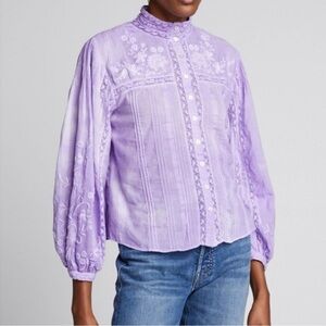LoveShackFancy Ronda Lavender Embroidered Cotton Button Down Long Sleeve Blouse